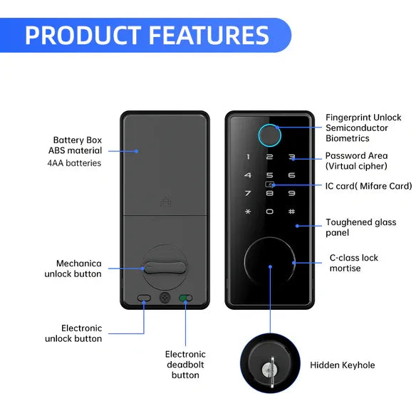 قفل Locstar-C87 TTlock الذكي، تطبيق بلوتوث 4.1، كلمة مرور، مفتاح، مزلاج، مع بصمة الإصبع