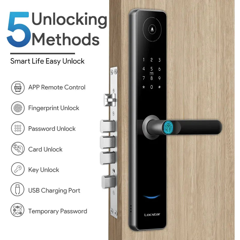 قفل باب ذكي من لوكستار LS-A60، 6 وظائف دخول بدون مفتاح، مع تطبيق واي فاي، وبصمة إصبع، ورمز، وبطاقة IC، ومفتاح