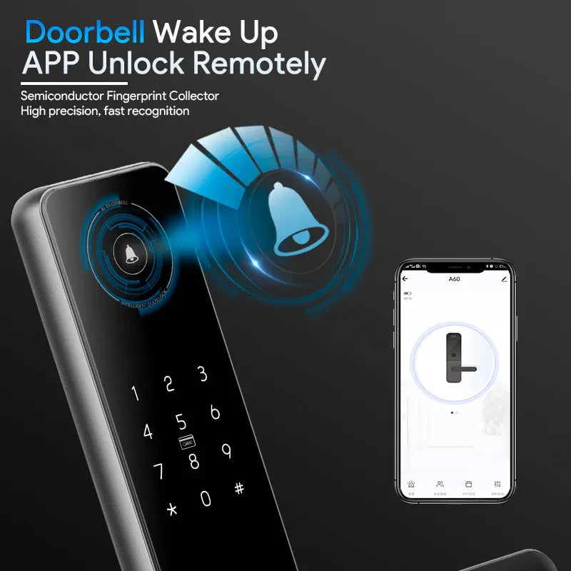 قفل باب ذكي من لوكستار LS-A60، 6 وظائف دخول بدون مفتاح، مع تطبيق واي فاي، وبصمة إصبع، ورمز، وبطاقة IC، ومفتاح