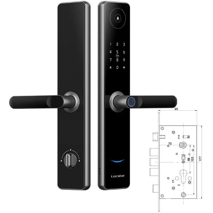 قفل باب ذكي من لوكستار LS-A60، 6 وظائف دخول بدون مفتاح، مع تطبيق واي فاي، وبصمة إصبع، ورمز، وبطاقة IC، ومفتاح