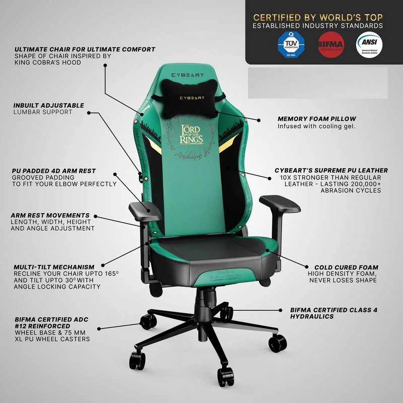 CYBEART | Lord of The Rings Gaming Chair - DC Comics | 4D Armrest | Inbuilt Lumbar Support | Supreme PU Leather, Ergonomic, Recline & Tilt