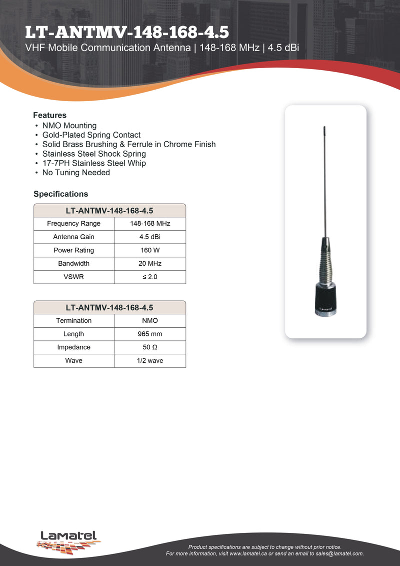 MOTOROLA MOBILE ANTENNA 148-168MHz NMO Type 4.5dBi VHF, Gold-Plated, Stainless Steel Whip