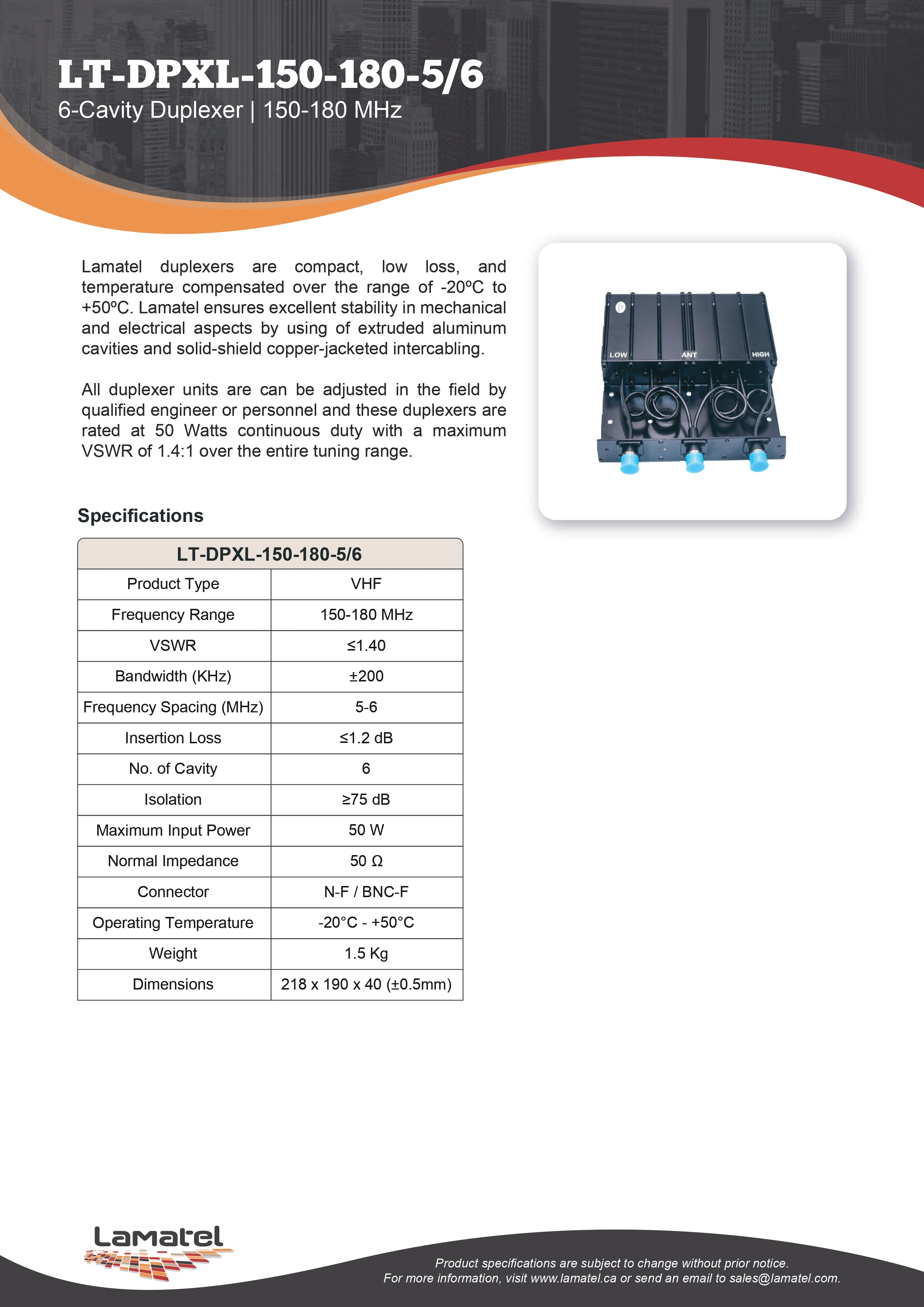 MOTOROLA LT-DPXL-150-180-5/6 VHF Duplexer, 6-Cavity, 150–180 MHz, 50W Max, N-F/BNC-F Connectors, Field Adjustable