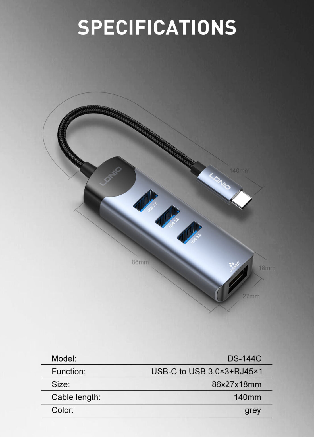 محول محور LDNIO DS-144C 4 في 1 USB-C، متعدد المنافذ من نوع C مع USB 3 ...