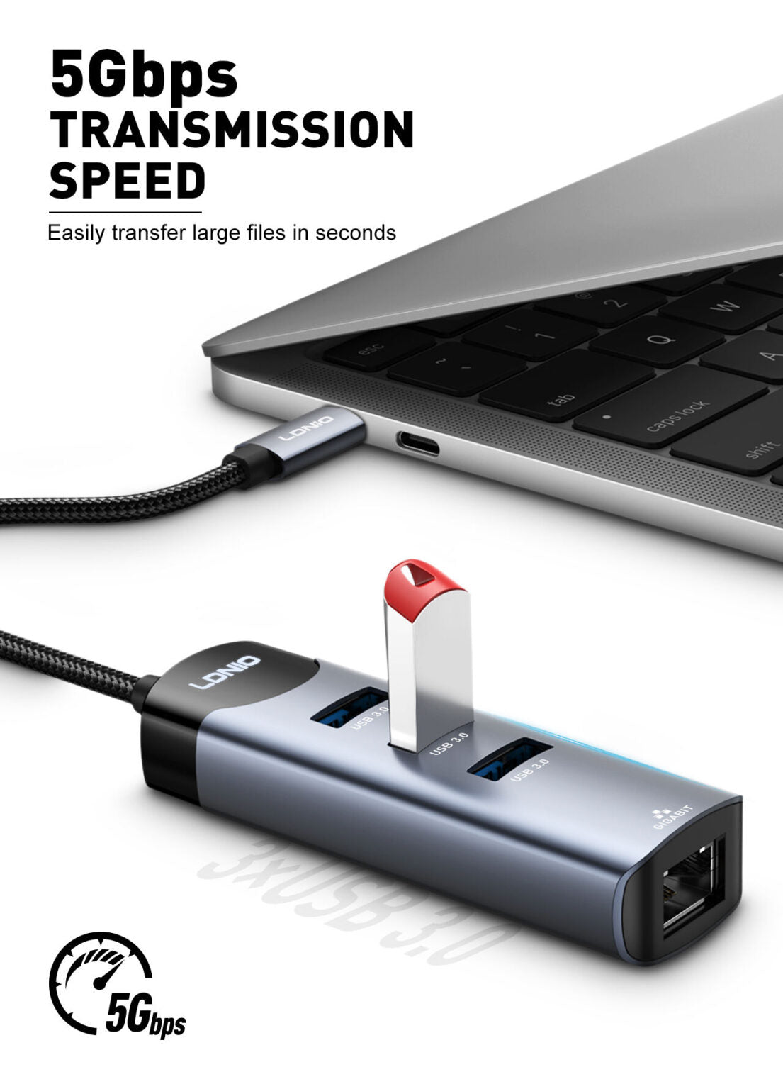 محول محور LDNIO DS-144C 4 في 1 USB-C، متعدد المنافذ من نوع C مع USB 3.0 و USB 2.0، نقل بيانات عالي السرعة، توصيل وتشغيل، تصميم مدمج
