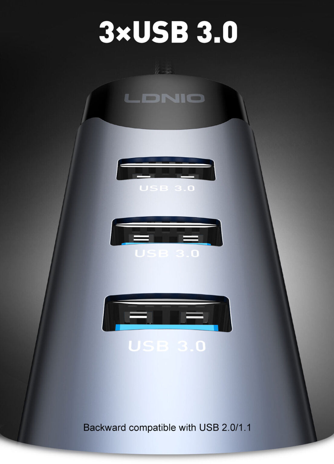 محول محور LDNIO DS-144C 4 في 1 USB-C، متعدد المنافذ من نوع C مع USB 3.0 و USB 2.0، نقل بيانات عالي السرعة، توصيل وتشغيل، تصميم مدمج