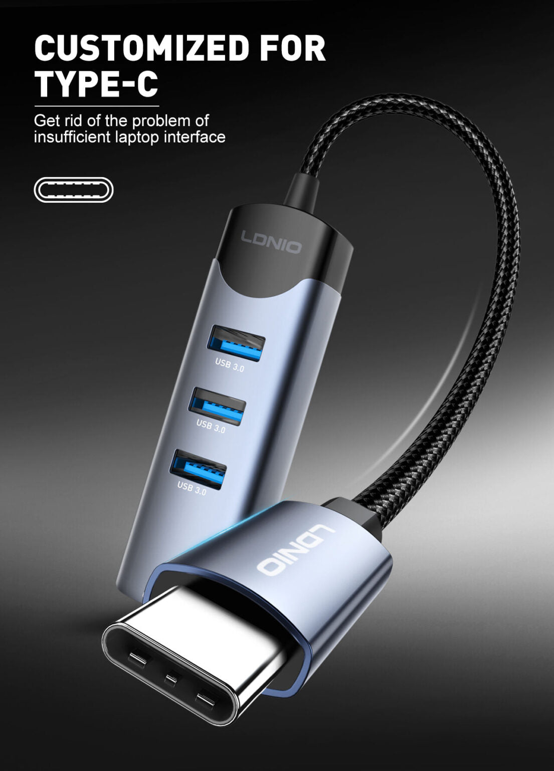 محول محور LDNIO DS-144C 4 في 1 USB-C، متعدد المنافذ من نوع C مع USB 3.0 و USB 2.0، نقل بيانات عالي السرعة، توصيل وتشغيل، تصميم مدمج