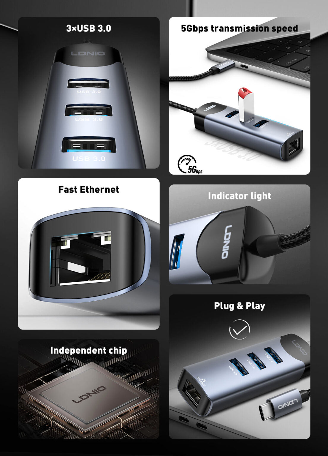 محول محور LDNIO DS-144C 4 في 1 USB-C، متعدد المنافذ من نوع C مع USB 3.0 و USB 2.0، نقل بيانات عالي السرعة، توصيل وتشغيل، تصميم مدمج