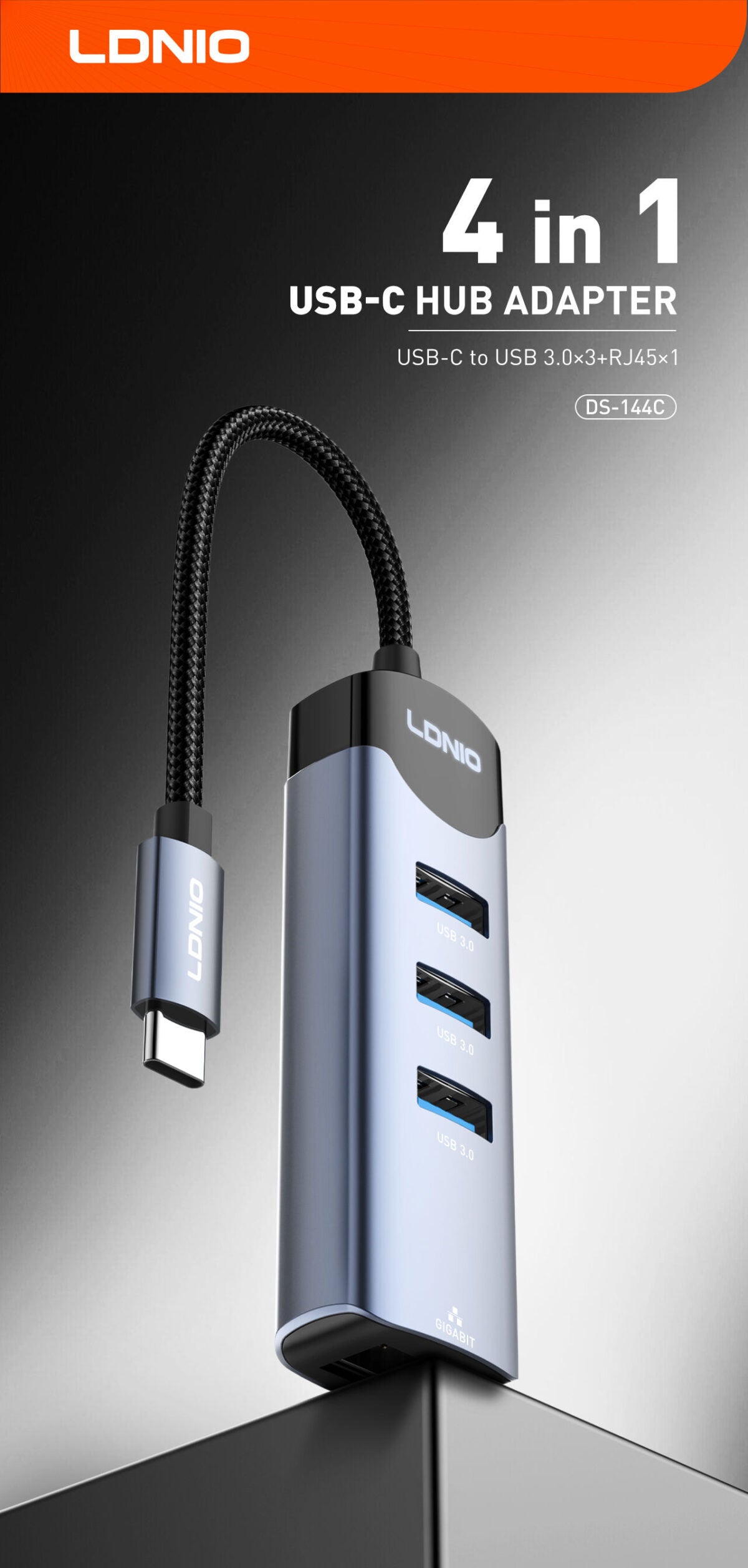 محول محور LDNIO DS-144C 4 في 1 USB-C، متعدد المنافذ من نوع C مع USB 3.0 و USB 2.0، نقل بيانات عالي السرعة، توصيل وتشغيل، تصميم مدمج