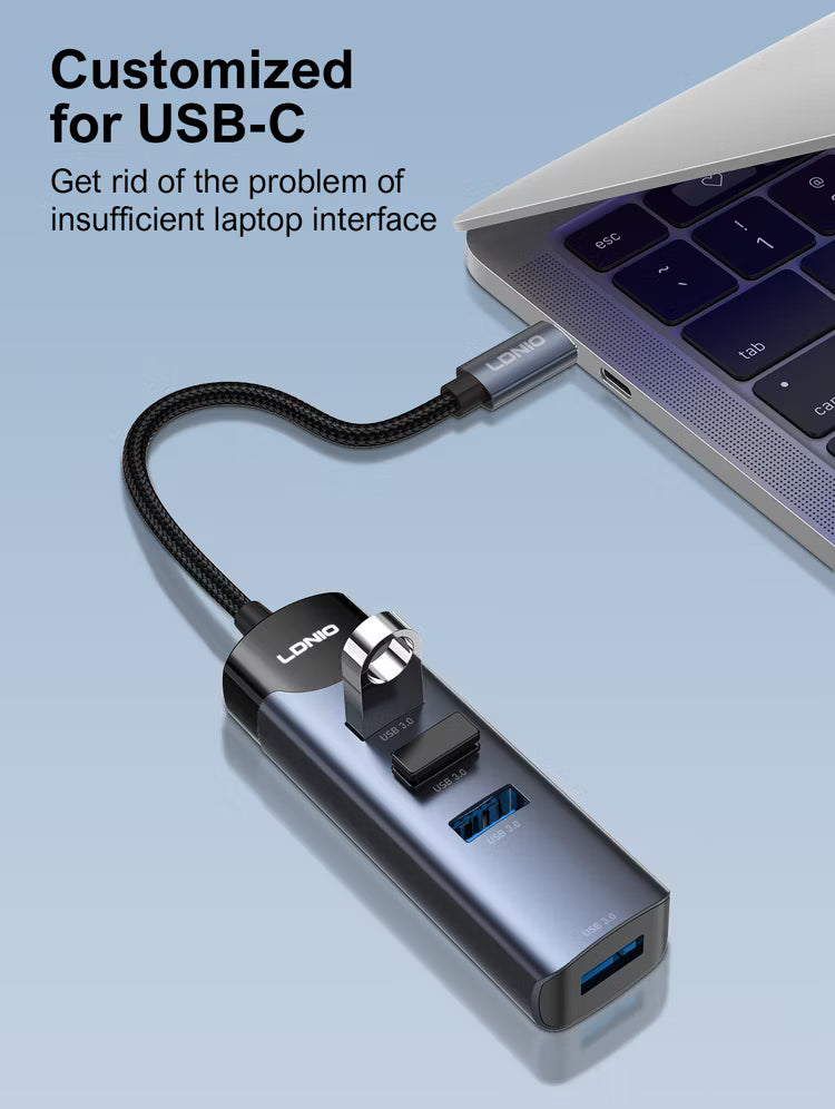محول LDNIO DS-134C من USB-C إلى 4× USB 3.0، نقل بيانات عالي السرعة بسرعة 5Gbps، موزع متعدد المنافذ بتقنية التوصيل والتشغيل لأجهزة اللابتوب، الكمبيوتر الشخصي وماك — تصميم مدمج ومحمول