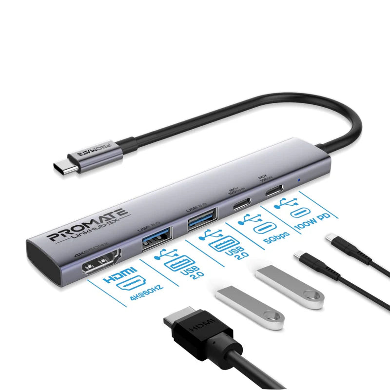 Promate LinkHub-5X 4K@60Hz Multi-function High-Speed USB-C Hub with 100W Power Delivery