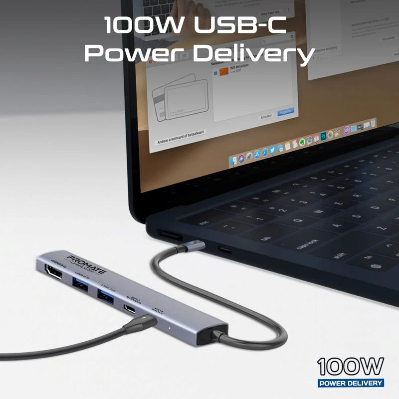 Promate LinkHub-5X 4K@60Hz Multi-function High-Speed USB-C Hub with 100W Power Delivery