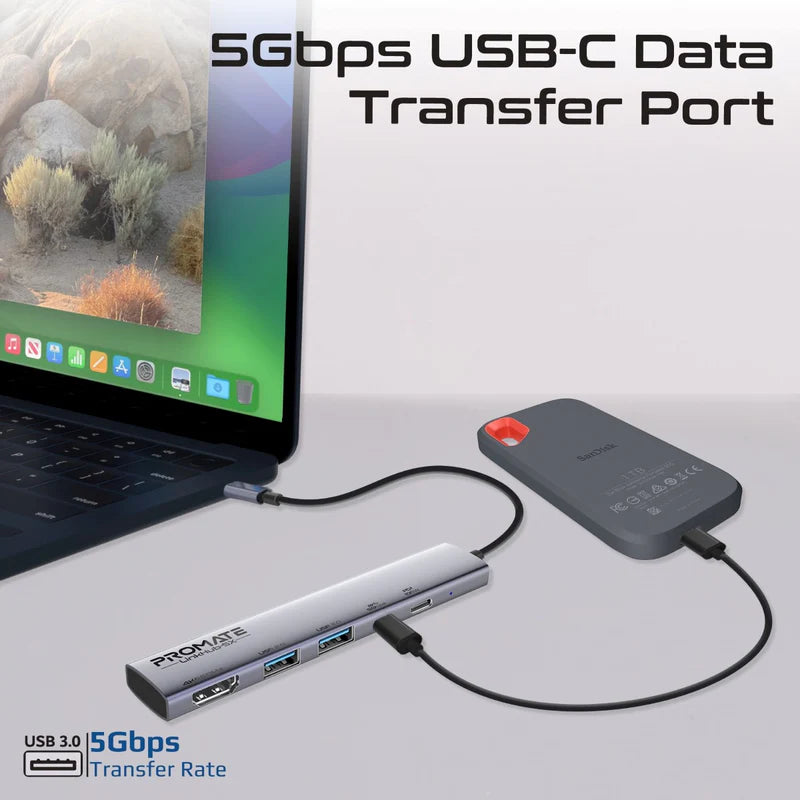موزع Promate LinkHub-5X USB-C عالي السرعة متعدد الوظائف بدقة 4K@60Hz مع توصيل طاقة 100 واط