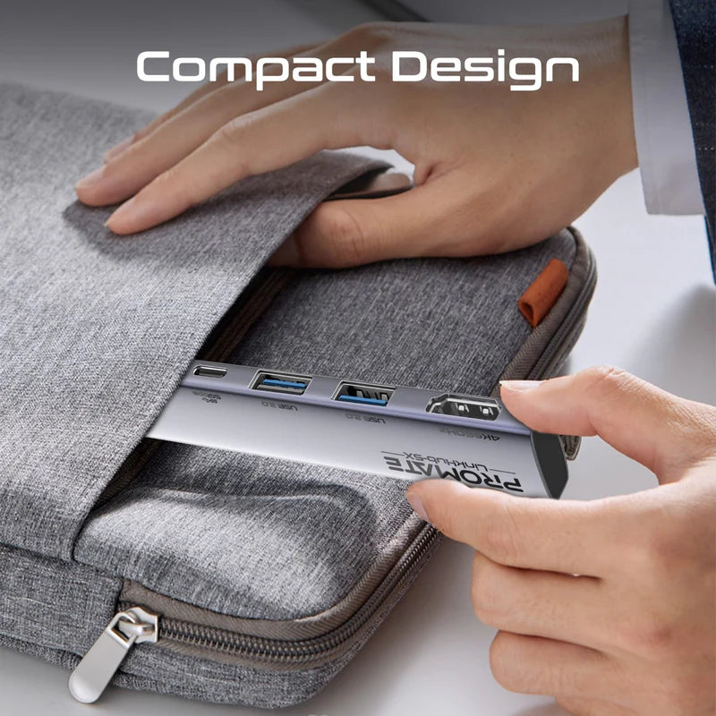 موزع Promate LinkHub-5X USB-C عالي السرعة متعدد الوظائف بدقة 4K@60Hz مع توصيل طاقة 100 واط