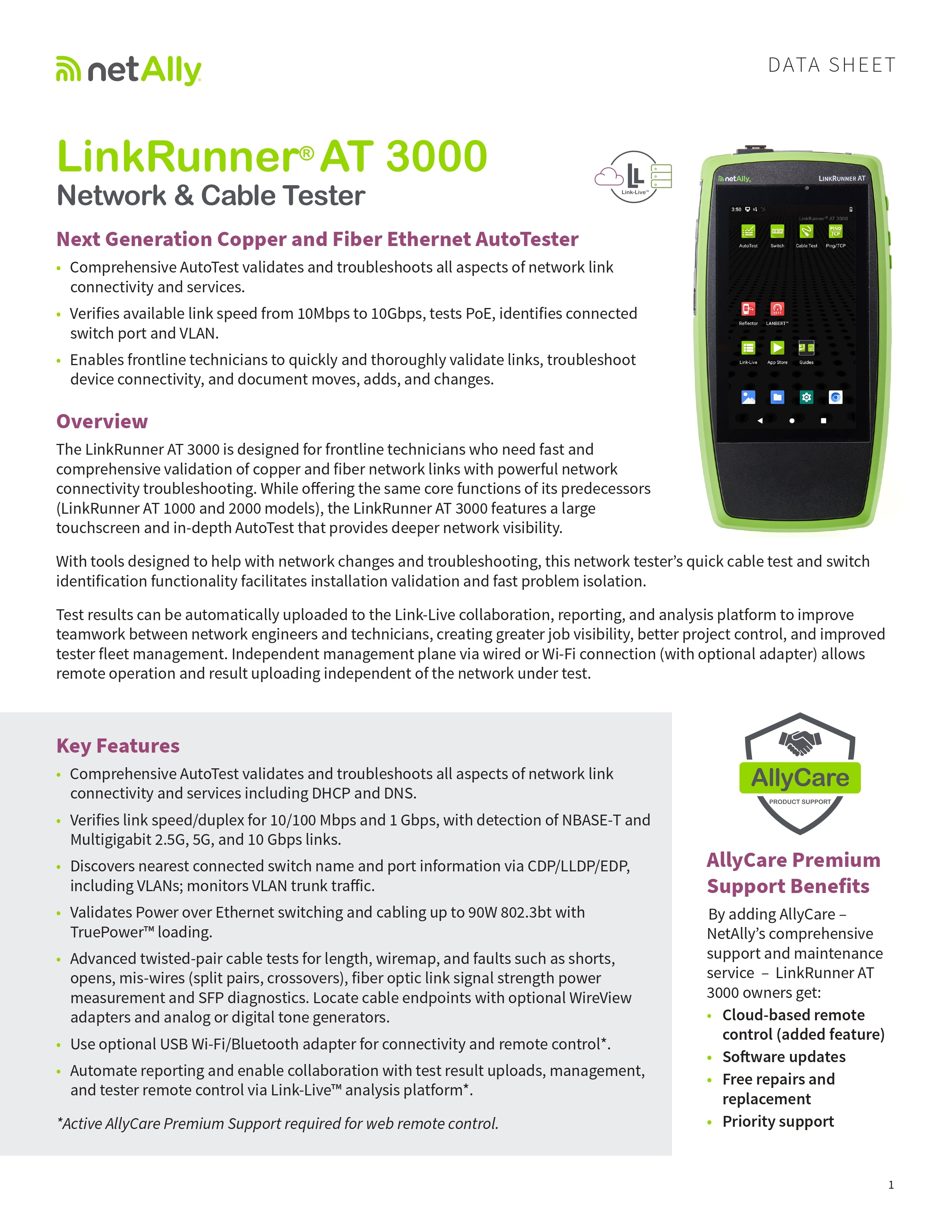 جهاز اختبار الشبكة والكابلات NetAlly LinkRunner AT 3000، نحاس/ألياف، اختبار تلقائي 10 جيجابت، PoE، VLAN، دعم Link-Live، شاشة تعمل باللمس