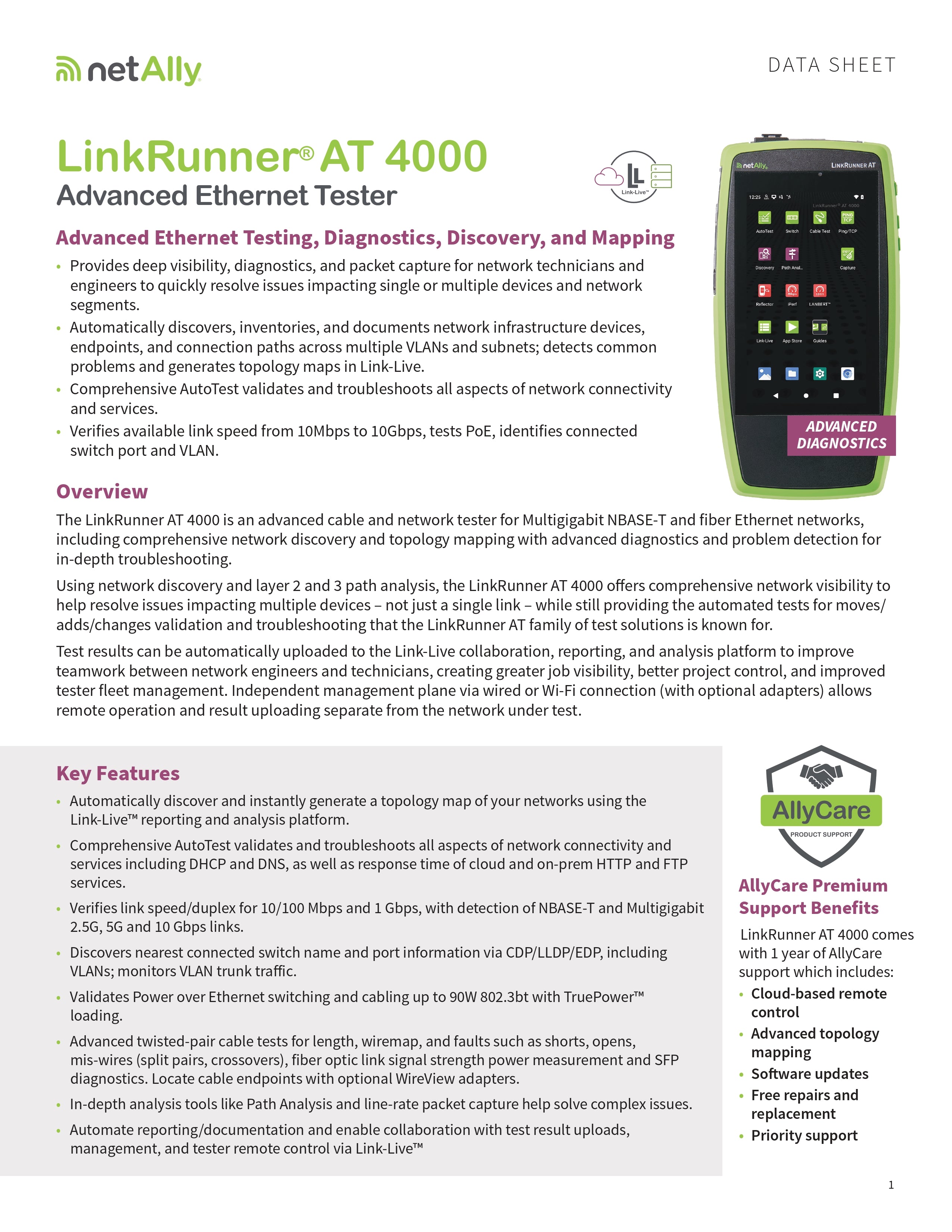 جهاز NetAlly LinkRunner AT 4000 لاختبار شبكة إيثرنت المتقدم مع PoE، والاختبار التلقائي، والاكتشاف، ورسم الخرائط الطوبولوجية، والتكامل المباشر مع Link-Live