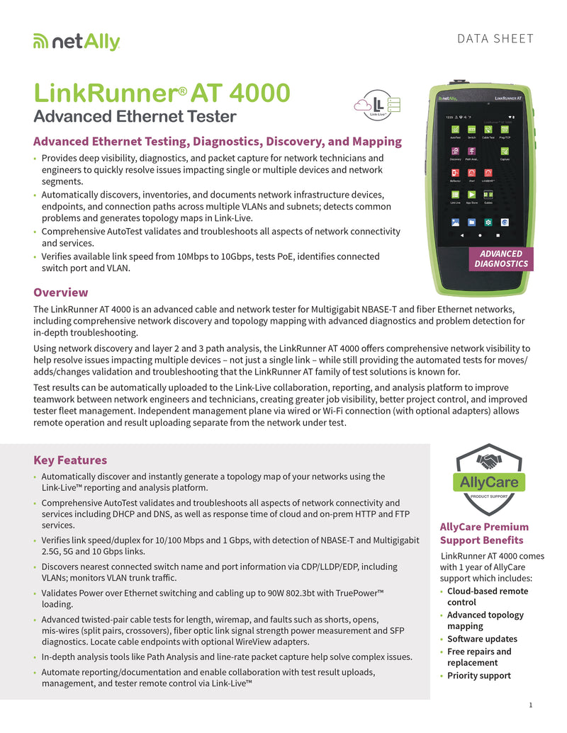 NetAlly LinkRunner AT 4000 Advanced Ethernet Network Tester with PoE, AutoTest, Discovery, Topology Mapping & Link-Live Integration