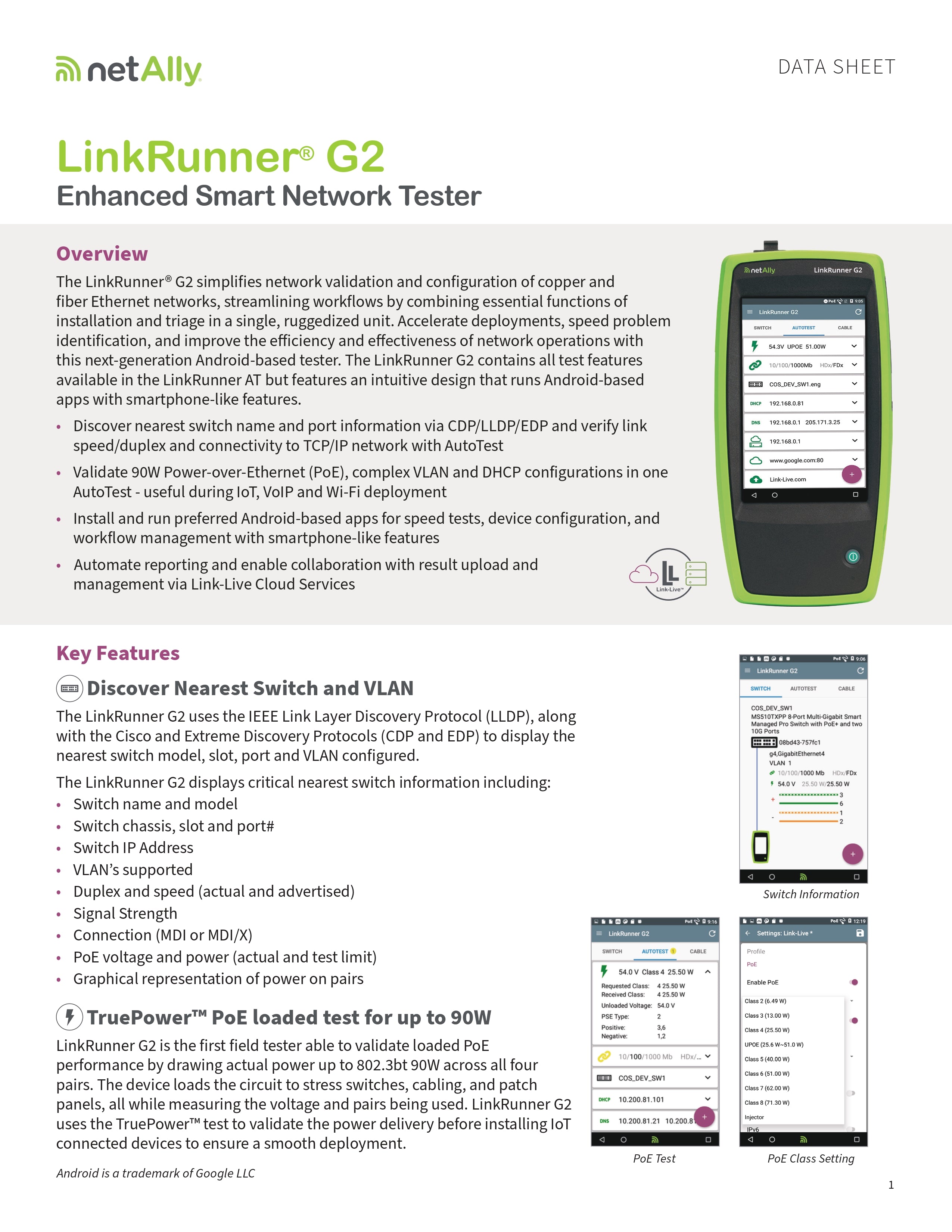 جهاز اختبار الشبكات الذكي NetAlly LinkRunner G2 مع اختبار الحمل PoE، اختبار تلقائي، دعم تطبيقات أندرويد، اكتشاف الكابل وVLAN، مفعّل بـ Link-Live