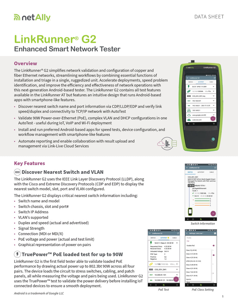 NetAlly LR-G2-KIT LinkRunner G2 Smart Network Tester Extended Test Kit - اختبار اتصال الشبكة مع خدمة Link-Live Cloud
