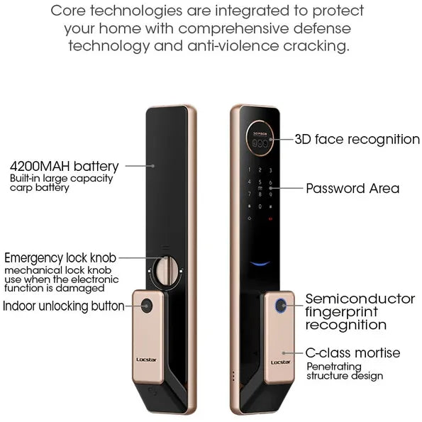 قفل باب ذكي رقمي بتقنية الفيديو من Locstar-T100A TTlock APP، يعمل ببصمة الإصبع والتعرف على الوجه