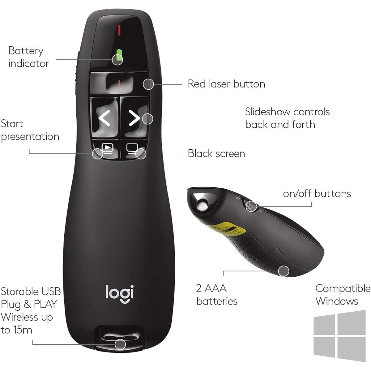LOGITECH R400 Wireless Presenter – Red Laser Pointer, Ergonomic Design & Smooth Control for Presentations, Meetings & Conferences