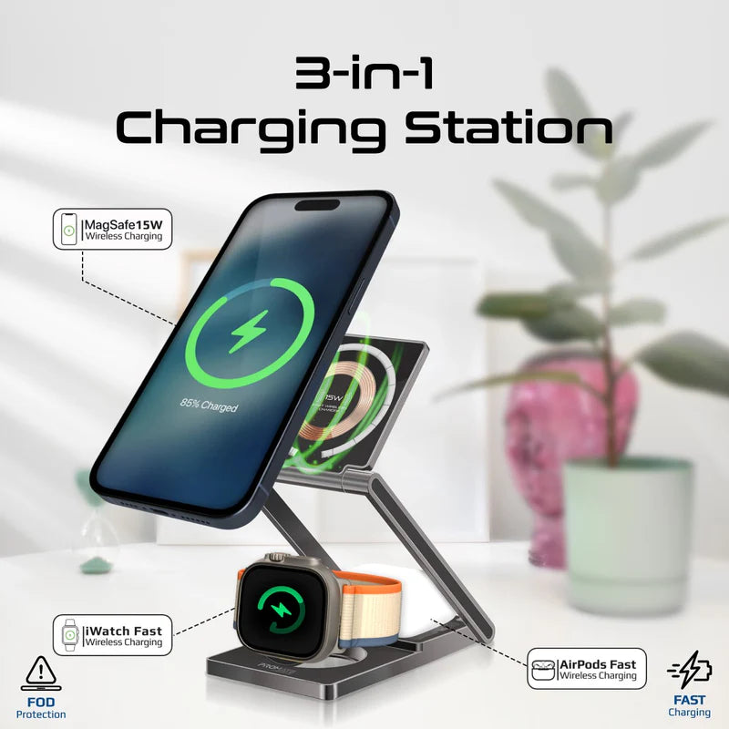 Promate LucidFold-Trio Ultra-Slim Transparent Foldable 15W MagSafe Compatible Wireless Charging Station