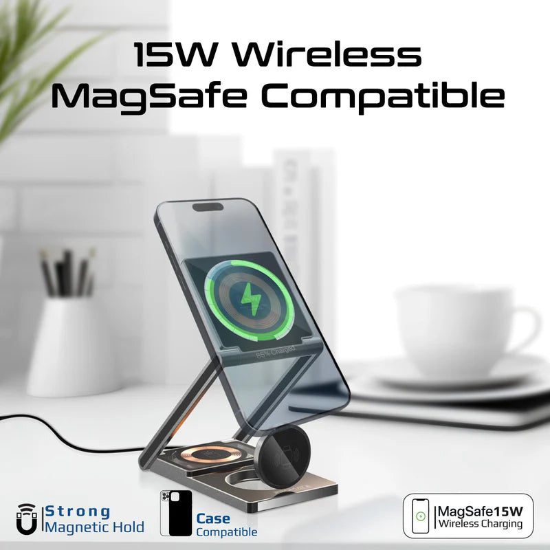 Promate LucidFold-Trio Ultra-Slim Transparent Foldable 15W MagSafe Compatible Wireless Charging Station