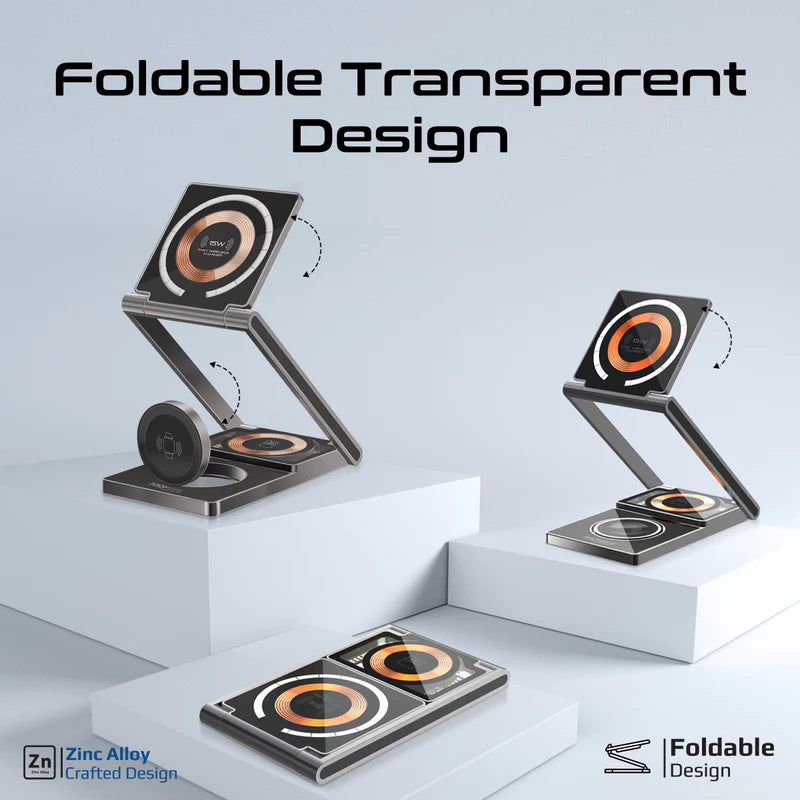 Promate LucidFold-Trio Ultra-Slim Transparent Foldable 15W MagSafe Compatible Wireless Charging Station