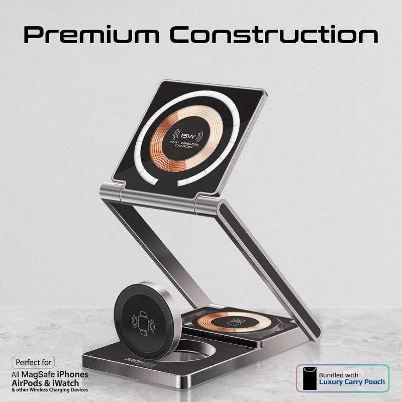 Promate LucidFold-Trio Ultra-Slim Transparent Foldable 15W MagSafe Compatible Wireless Charging Station