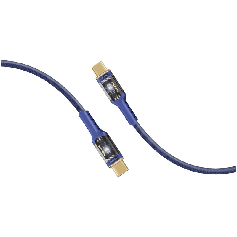 Promate High Tensile Transparent 100W Power Delivery USB-C Cable with LED Light 2M