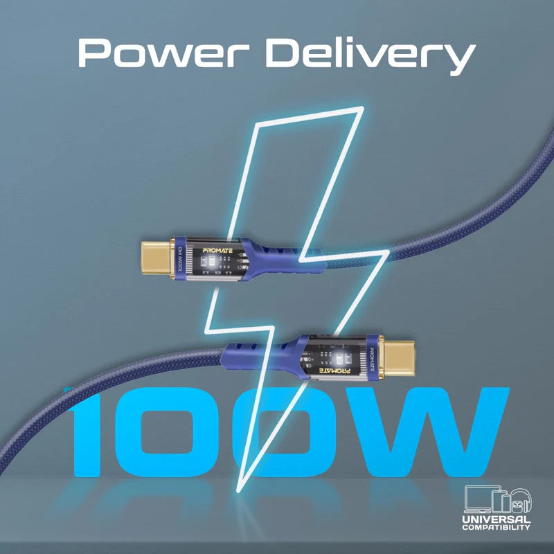 Promate High Tensile Transparent 100W Power Delivery USB-C Cable with LED Light 2M