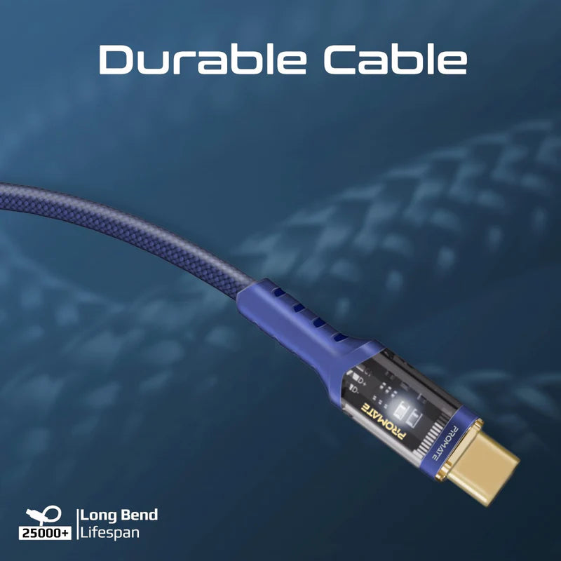 Promate High Tensile Transparent 100W Power Delivery USB-C Cable with LED Light 2M