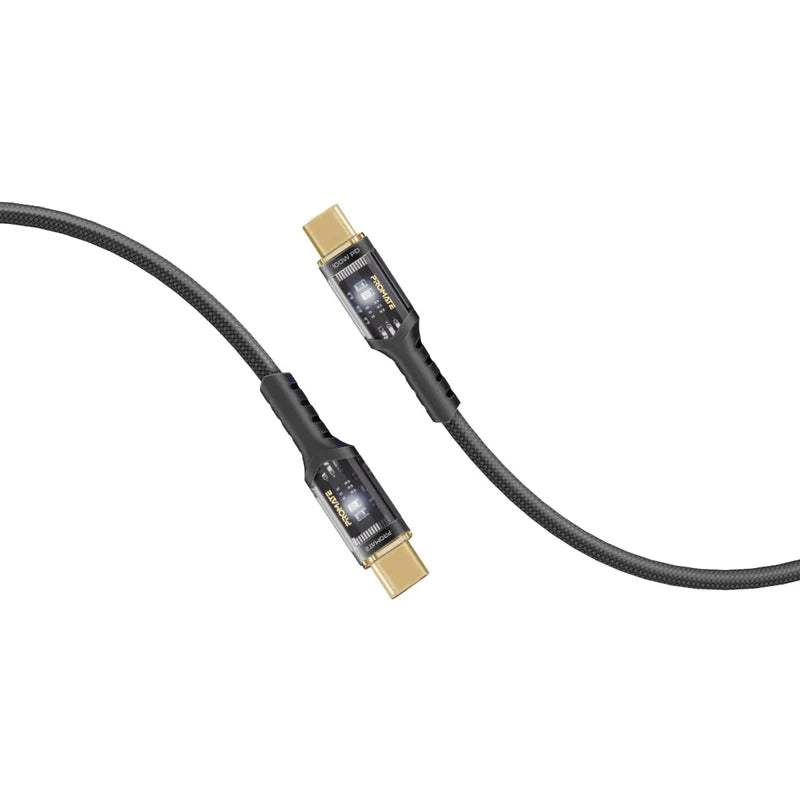 Promate High Tensile Transparent 100W Power Delivery USB-C Cable with LED Light 2M