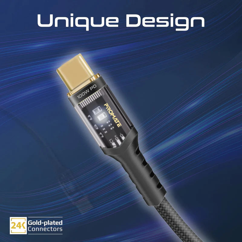 Promate High Tensile Transparent 100W Power Delivery USB-C Cable with LED Light 2M