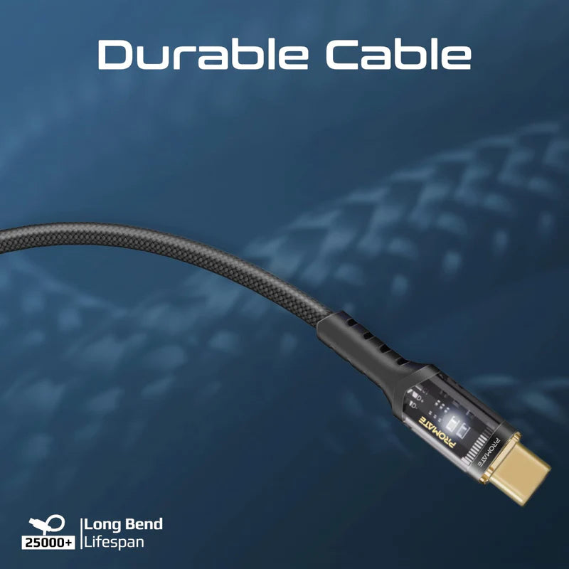 Promate High Tensile Transparent 100W Power Delivery USB-C Cable with LED Light 2M