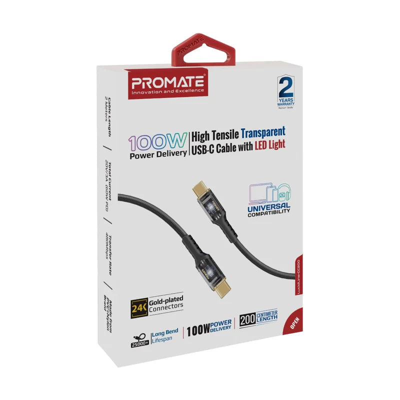 Promate High Tensile Transparent 100W Power Delivery USB-C Cable with LED Light 2M