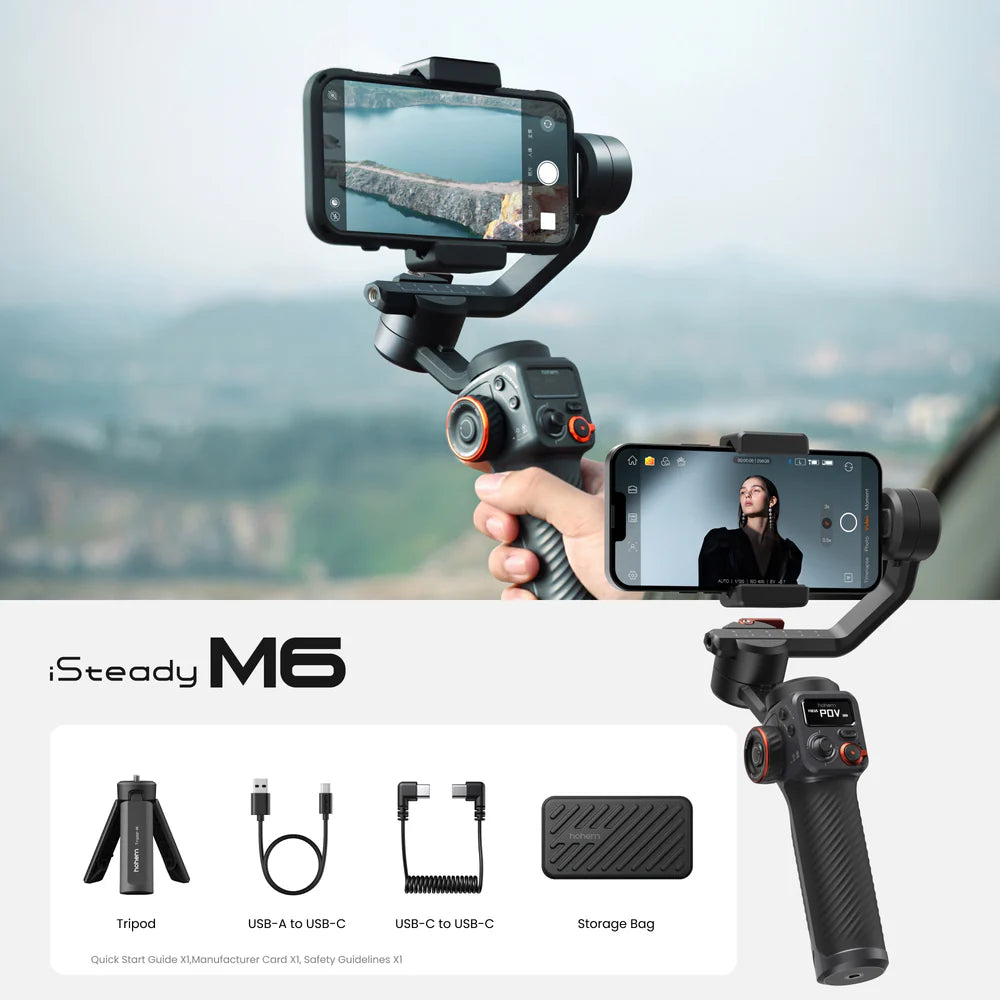 مثبت هوهيم iSteady M6 ثلاثي المحاور للهواتف الذكية، iSteady 7.0 مضاد للاهتزاز، شاشة OLED، حمولة 400 جرام، وضع دوران 360 درجة، متوافق مع هواتف iPhone وأندرويد بقياس 58–98 مم