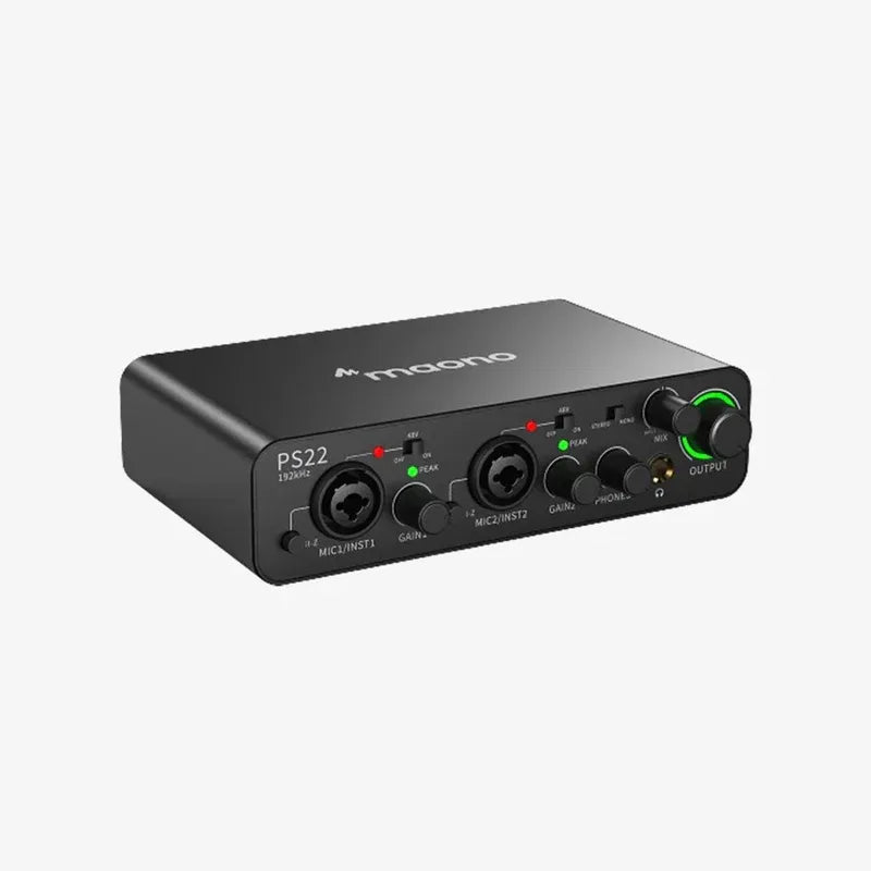 MAONO PS22 Audio Interface – 2-in/2-out USB Sound Card with XLR/TRS Combo Jack, 48V Phantom Power, Gain Control & Monitoring for Podcast, Studio