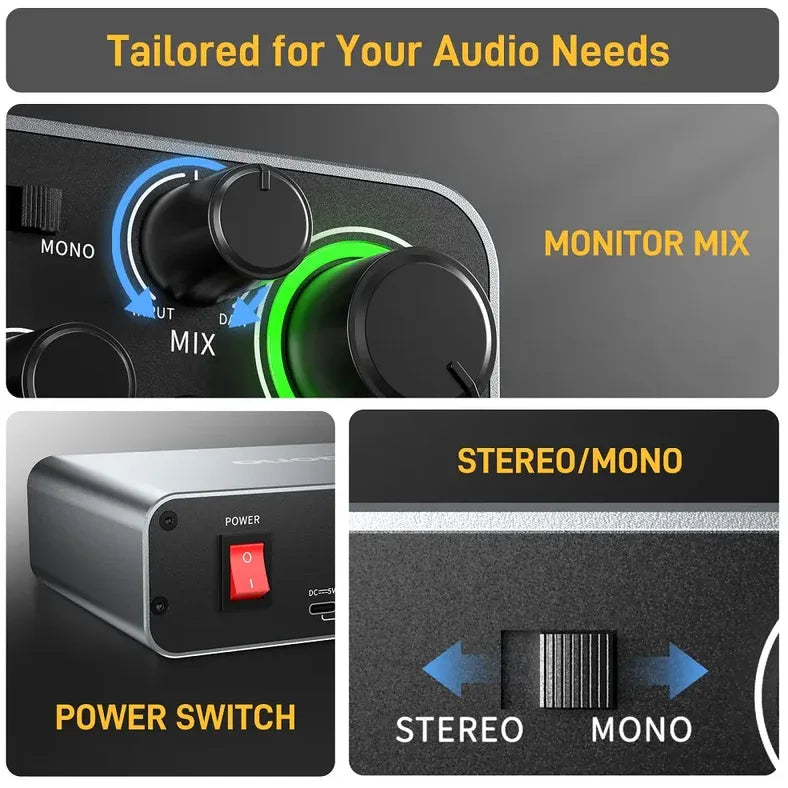 MAONO PS22 Audio Interface – 2-in/2-out USB Sound Card with XLR/TRS Combo Jack, 48V Phantom Power, Gain Control & Monitoring for Podcast, Studio