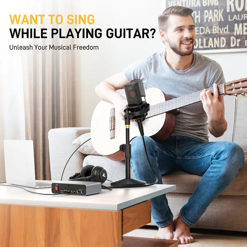 MAONO PS22 Audio Interface – 2-in/2-out USB Sound Card with XLR/TRS Combo Jack, 48V Phantom Power, Gain Control & Monitoring for Podcast, Studio