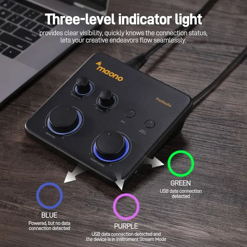 MAONO PS22 Lite Audio Interface – Compact 2-in/2-out USB Sound Card with XLR/TRS Combo Input, 48V Phantom Power & Real-Time Monitoring