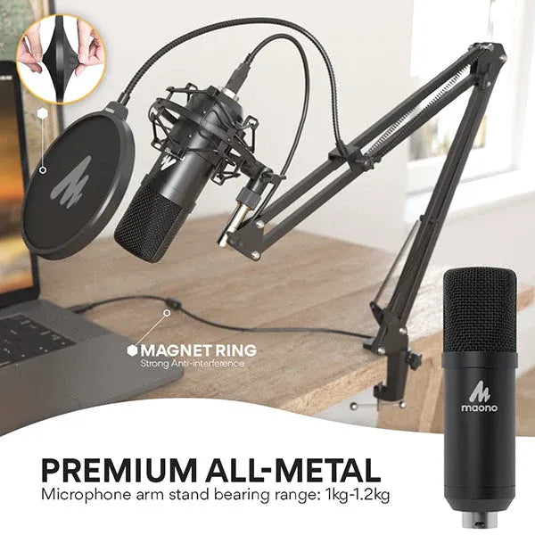 MAONO AU-A04 USB Condenser Microphone Kit – 192kHz/24bit, Cardioid, Boom Arm, Shock Mount & Pop Filter for Podcast, Streaming, Studio