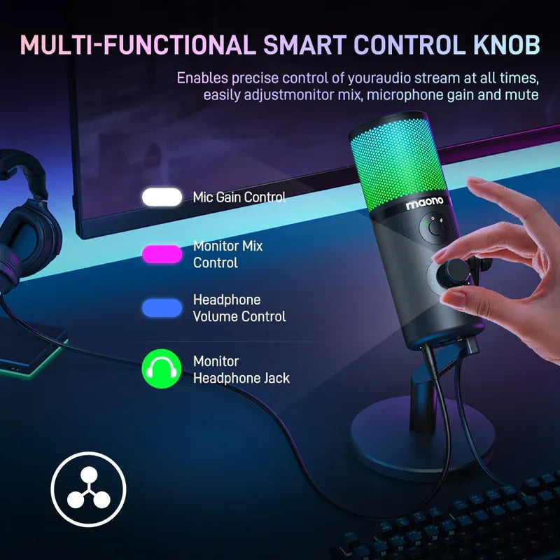 MAONO DM50 USB Condenser Microphone, 3 Polar Patterns, Smart Knob, RGB, Plug and Play for Streaming and Recording