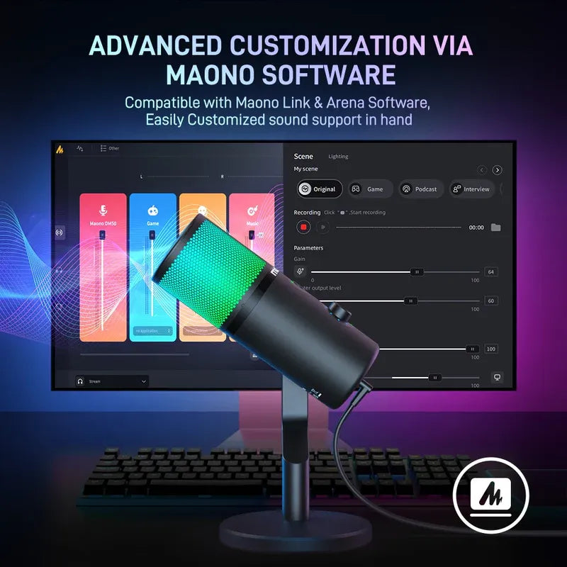 MAONO DM50 USB Condenser Microphone, 3 Polar Patterns, Smart Knob, RGB, Plug and Play for Streaming and Recording