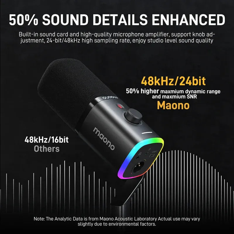 MAONO PD100X USB Dynamic Microphone – Cardioid Studio Mic with Gain Control, RGB Lighting & Zero-Latency Monitoring for Podcast, Streaming, Gaming