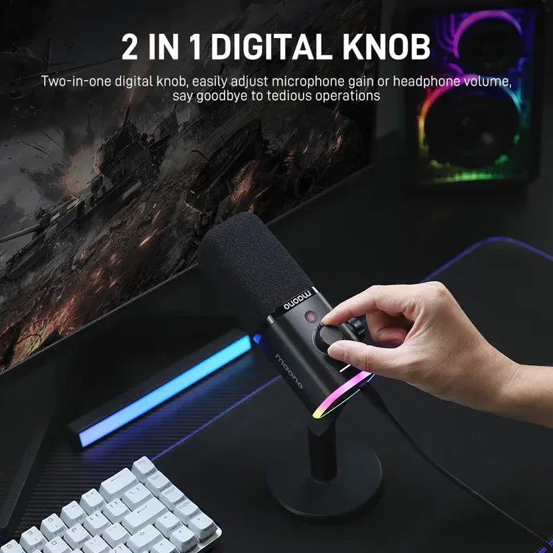 MAONO PD100X USB Dynamic Microphone – Cardioid Studio Mic with Gain Control, RGB Lighting & Zero-Latency Monitoring for Podcast, Streaming, Gaming