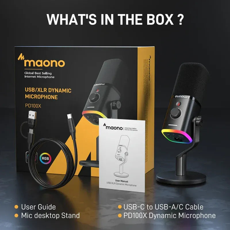 MAONO PD100X USB Dynamic Microphone – Cardioid Studio Mic with Gain Control, RGB Lighting & Zero-Latency Monitoring for Podcast, Streaming, Gaming