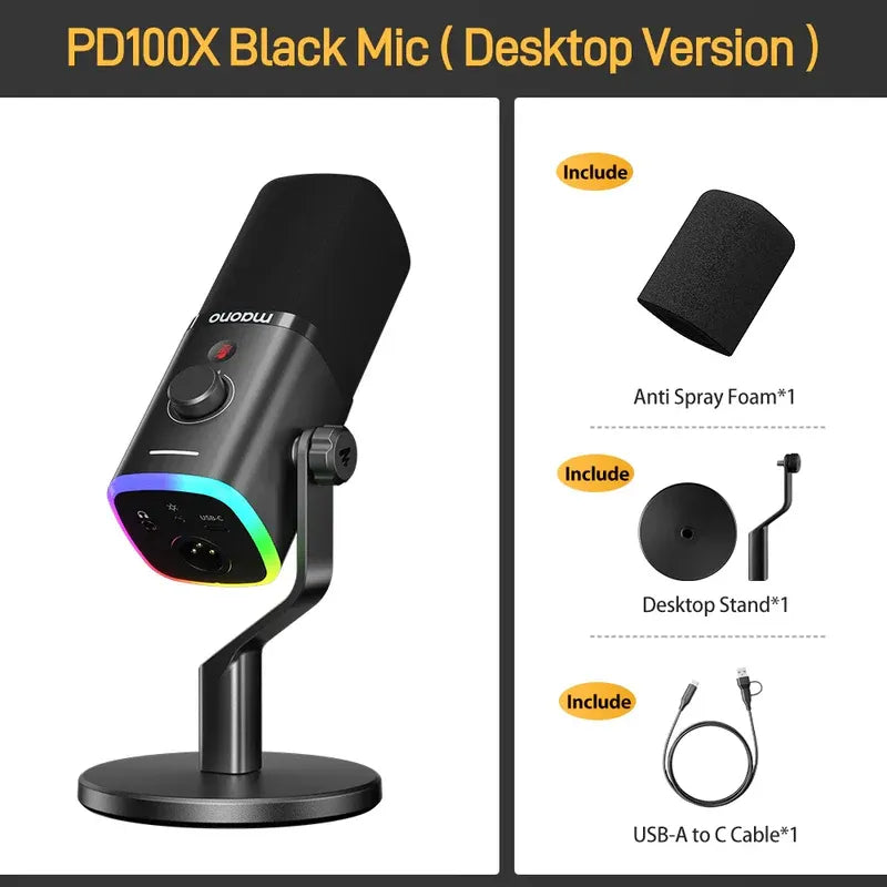 MAONO PD100X USB Dynamic Microphone – Cardioid Studio Mic with Gain Control, RGB Lighting & Zero-Latency Monitoring for Podcast, Streaming, Gaming