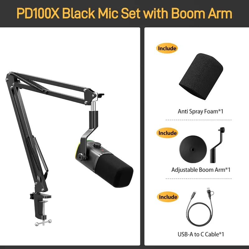 MAONO PD100X USB Dynamic Microphone – Cardioid Studio Mic with Gain Control, RGB Lighting & Zero-Latency Monitoring for Podcast, Streaming, Gaming