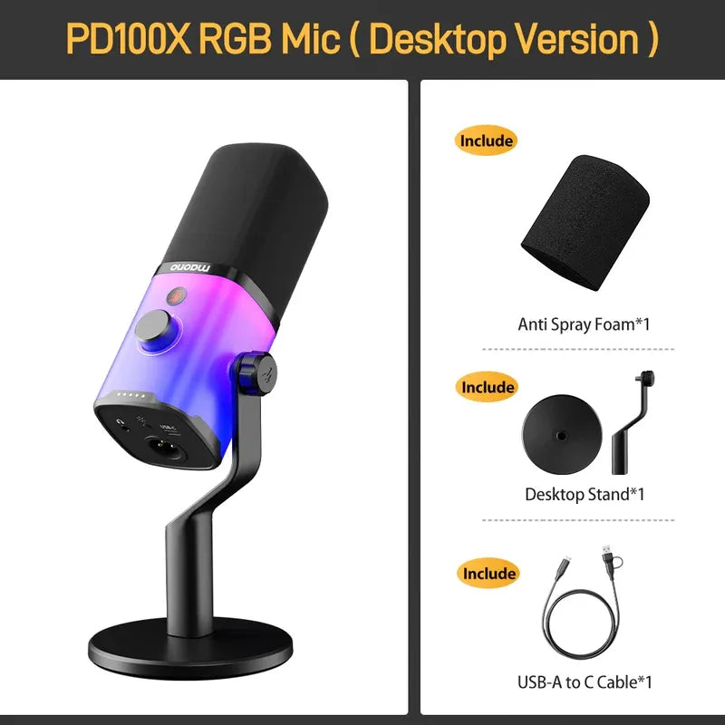 MAONO PD100X USB Dynamic Microphone – Cardioid Studio Mic with Gain Control, RGB Lighting & Zero-Latency Monitoring for Podcast, Streaming, Gaming